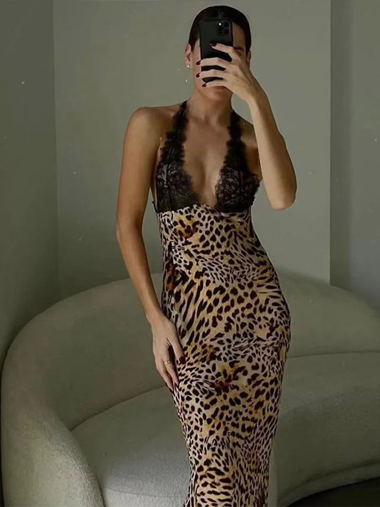 Chic Lace Leopard  V-Neck Sleeveless Backless