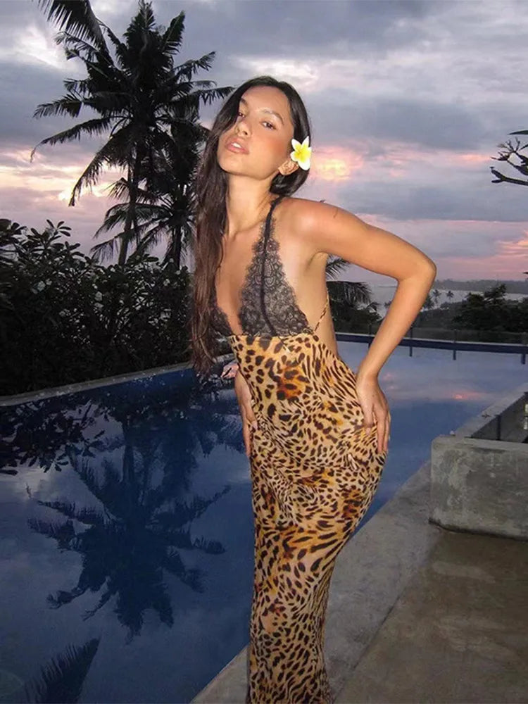 Chic Lace Leopard  V-Neck Sleeveless Backless