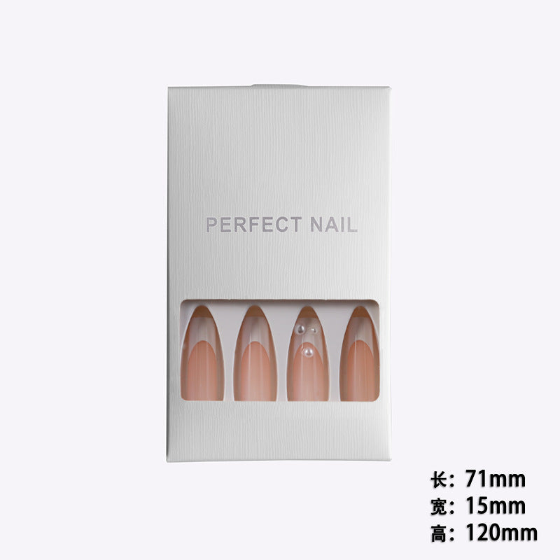 Nail Beauty Products Nude Long French Crystal Design Press on Nails With Pearl