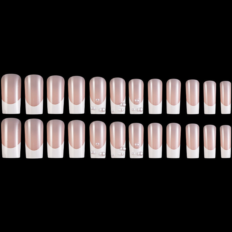 Nail Beauty Products Nude Long French Crystal Design Press on Nails With Pearl