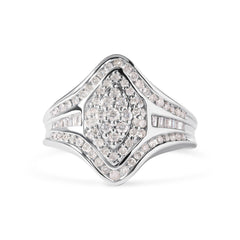 14K White Gold 3/4 Cttw Round and Baguette Cut Diamond Cluster Ring (H-I Color, I1-I2 Clarity)