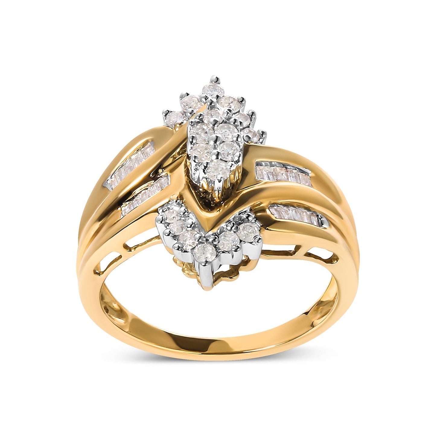 10K Two-Toned 1/2 Cttw Round and Baguette-Cut Composite Pear Head Diamond Ring (H-I Color, I2-I3 Clarity)