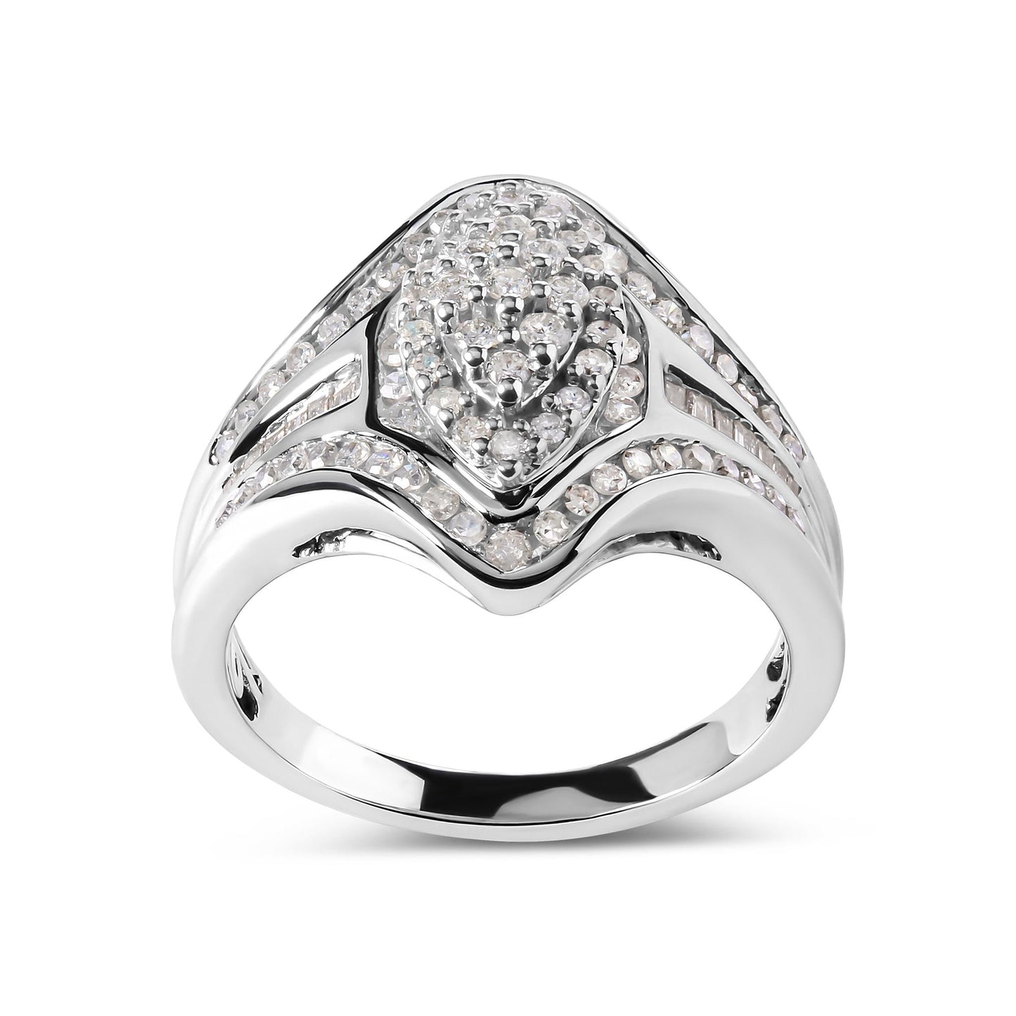 14K White Gold 3/4 Cttw Round and Baguette Cut Diamond Cluster Ring (H-I Color, I1-I2 Clarity)