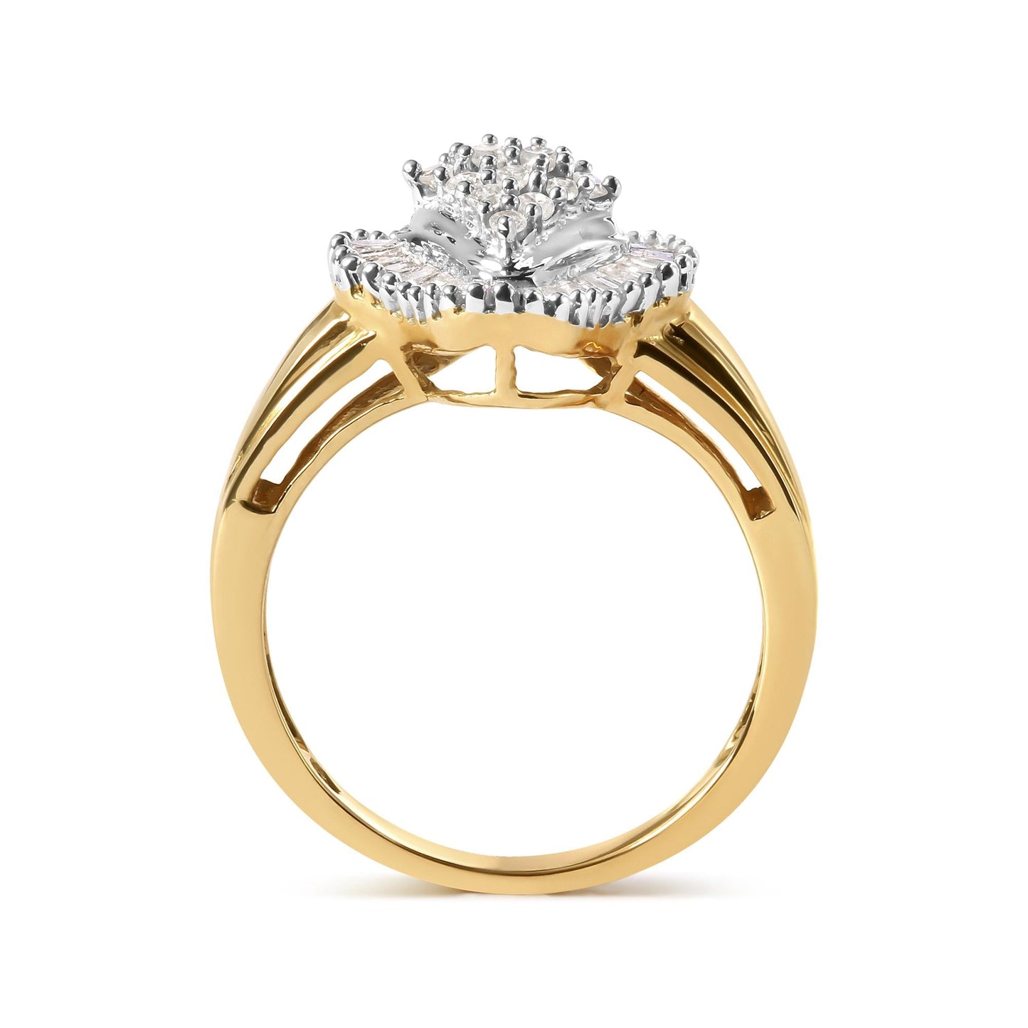 10K Yellow Gold 1/2 Cttw Round and Baguette-Cut Diamond Rhombus Head and Halo Ring (I-J Color, I1-I2 Clarity)