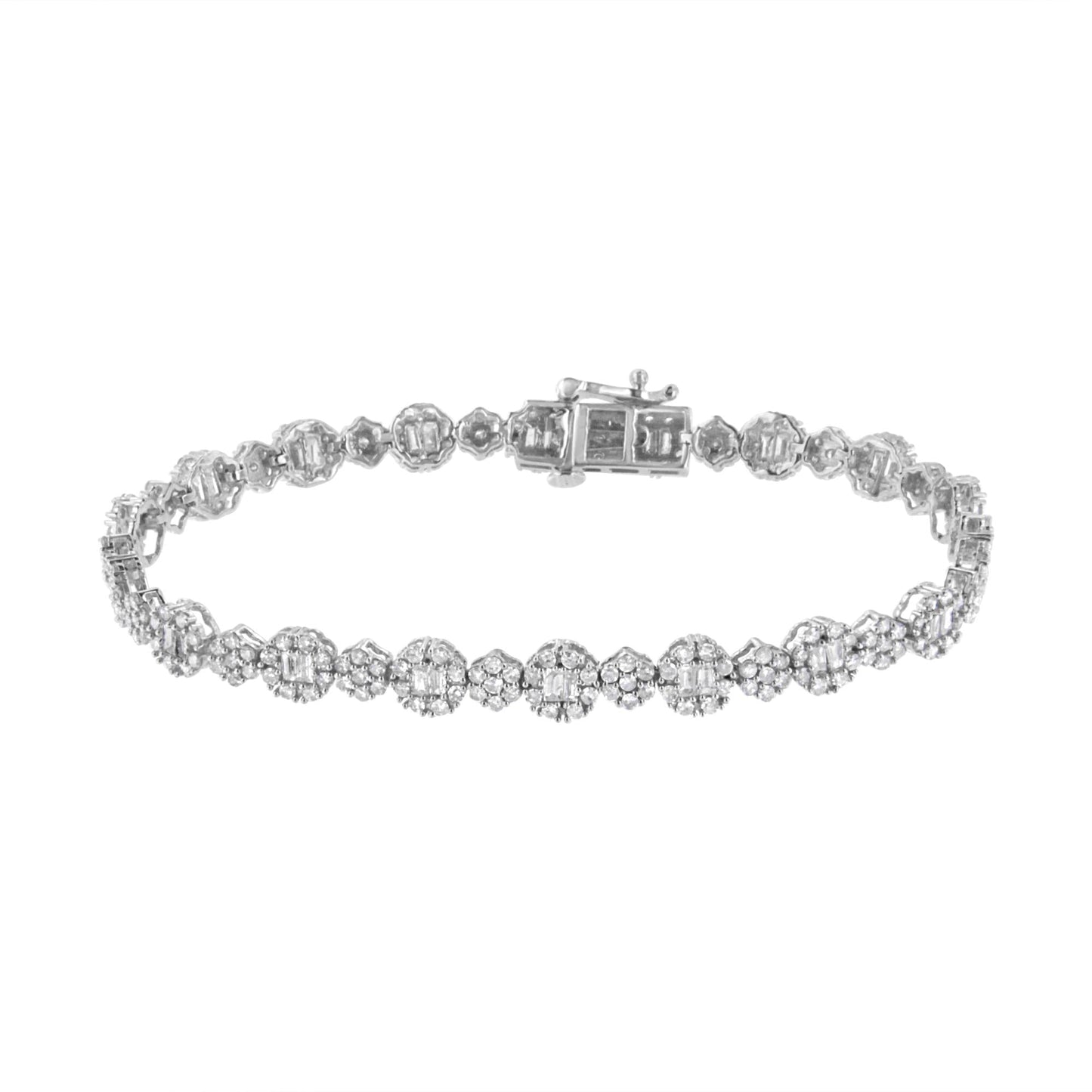 10K White Gold 4.0 Cttw Brilliant Round-Cut and Baguette Diamond Floral Cluster Link Bracelet (I-J Clarity, I1-I2 Color)