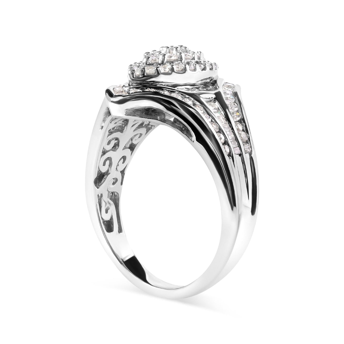 14K White Gold 3/4 Cttw Round and Baguette Cut Diamond Cluster Ring (H-I Color, I1-I2 Clarity)