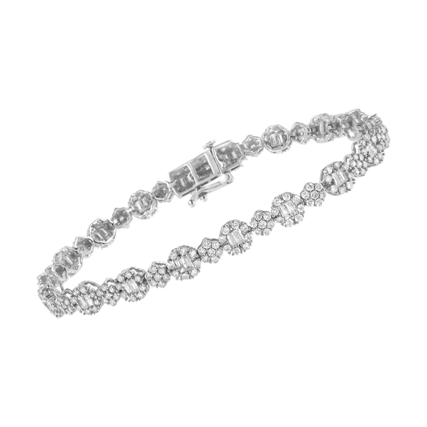 10K White Gold 4.0 Cttw Brilliant Round-Cut and Baguette Diamond Floral Cluster Link Bracelet (I-J Clarity, I1-I2 Color)