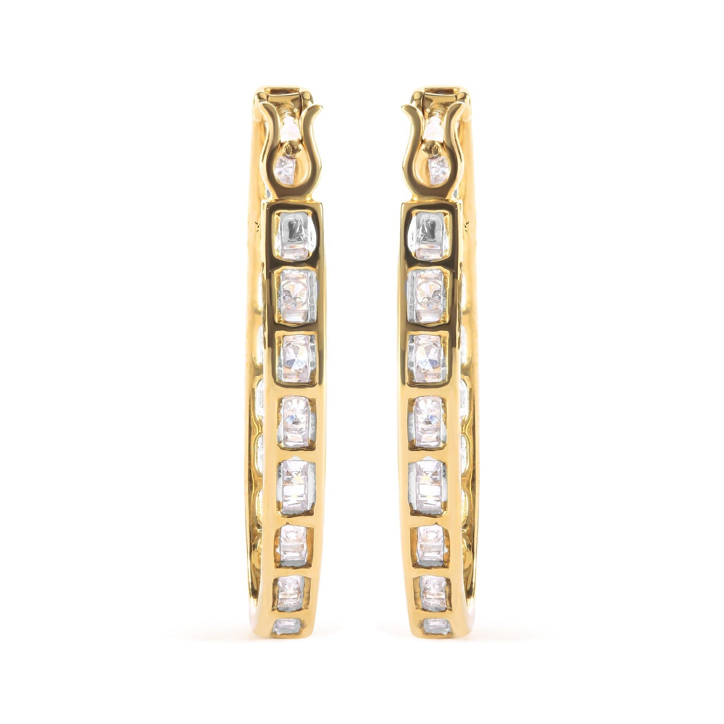 10K Yellow Gold 1.00 Cttw Round and Baguette-Cut Diamond U-Hoop Earrings (H-I Color, SI2-I1 Clarity)