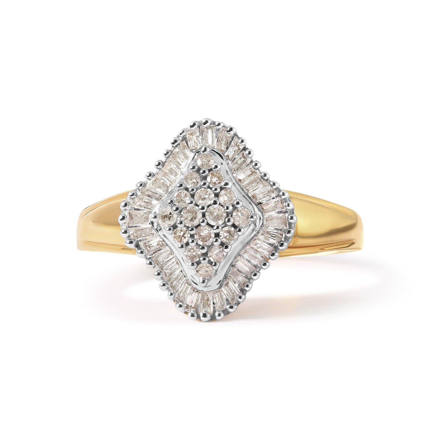 10K Yellow Gold 1/2 Cttw Round and Baguette-Cut Diamond Rhombus Head and Halo Ring (I-J Color, I1-I2 Clarity)