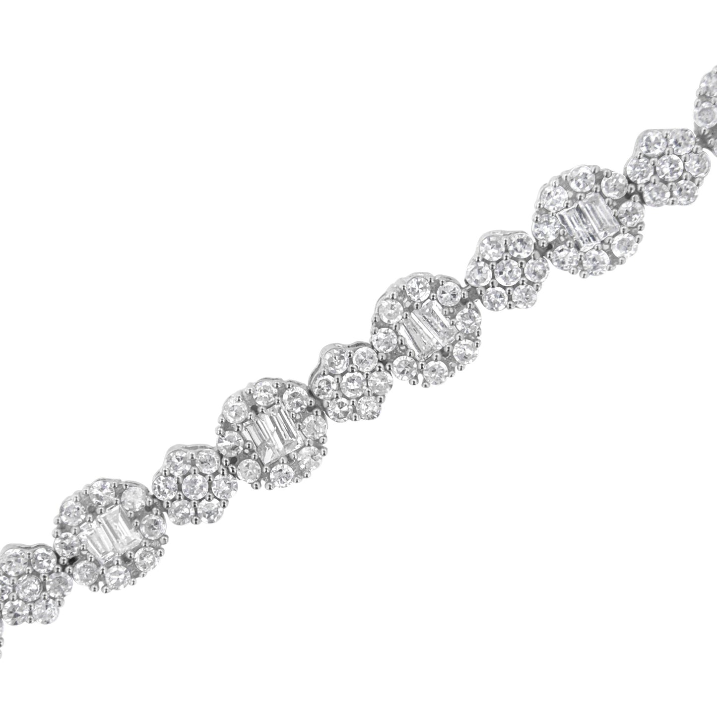 10K White Gold 4.0 Cttw Brilliant Round-Cut and Baguette Diamond Floral Cluster Link Bracelet (I-J Clarity, I1-I2 Color)