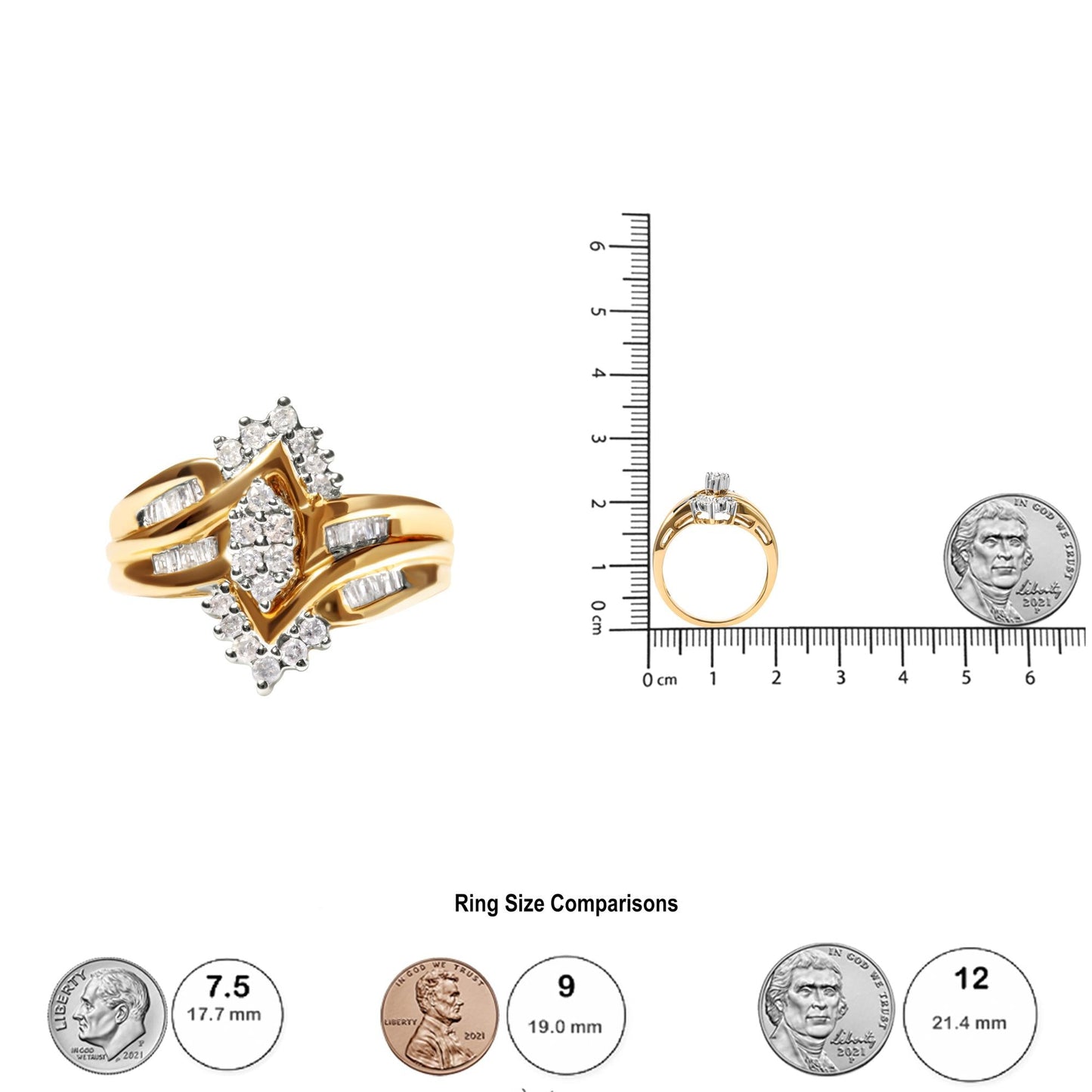 10K Two-Toned 1/2 Cttw Round and Baguette-Cut Composite Pear Head Diamond Ring (H-I Color, I2-I3 Clarity)