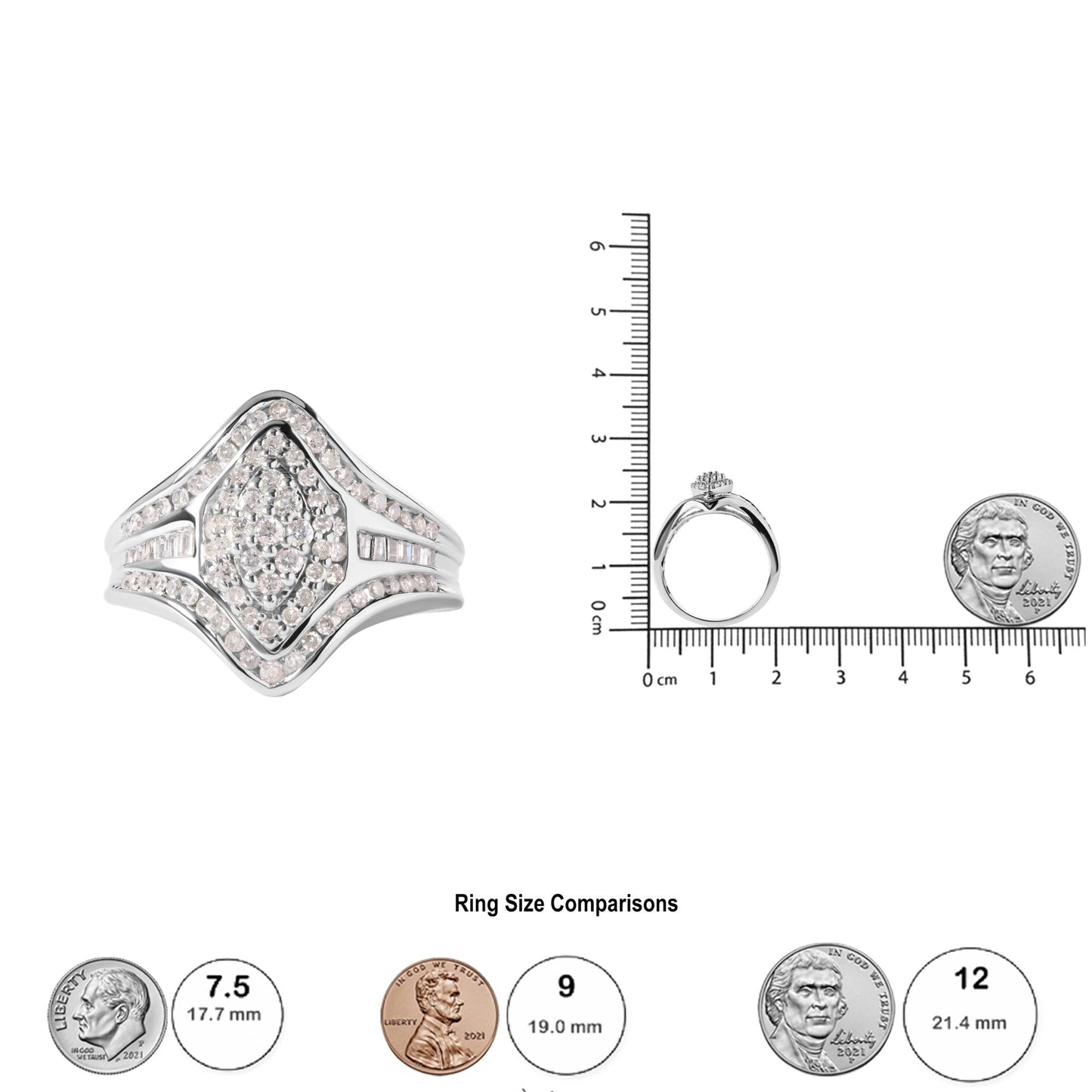 14K White Gold 3/4 Cttw Round and Baguette Cut Diamond Cluster Ring (H-I Color, I1-I2 Clarity)