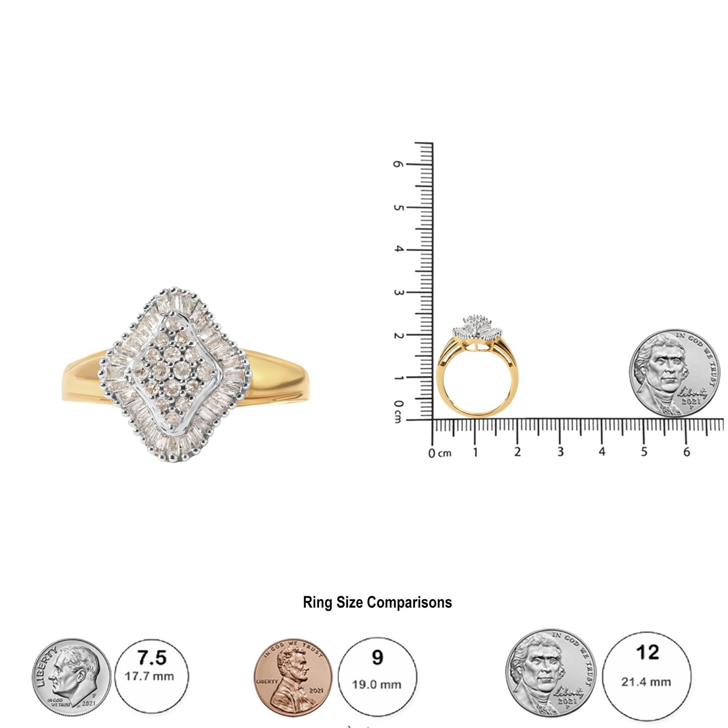 10K Yellow Gold 1/2 Cttw Round and Baguette-Cut Diamond Rhombus Head and Halo Ring (I-J Color, I1-I2 Clarity)