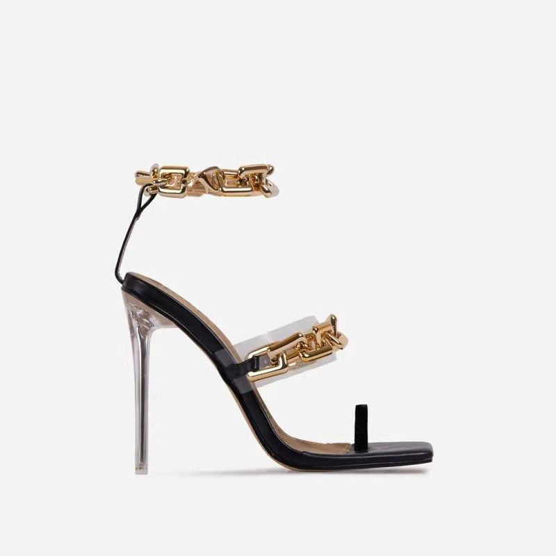 2021 Hot Sale Chic Design Metal Chain Sandals Women Fancy High Heel Shoes Fashionable Outdoor Causal Party Heels