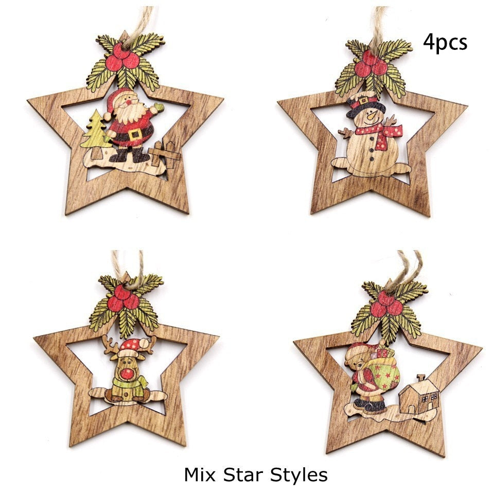1SET Star Printed Wooden Pendant Ornaments Xmas Tree Ornament DIY Wood Crafts Kids Gift for Home Christmas Party Decoration