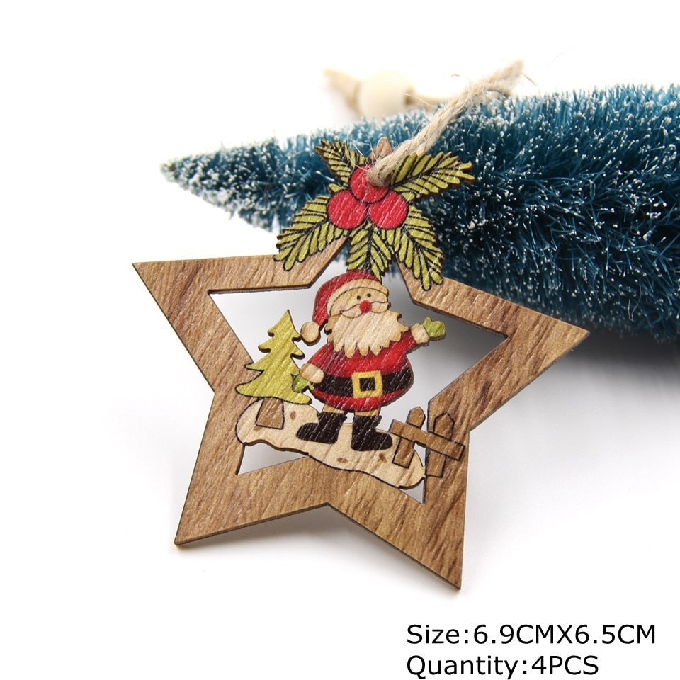 1SET Star Printed Wooden Pendant Ornaments Xmas Tree Ornament DIY Wood Crafts Kids Gift for Home Christmas Party Decoration