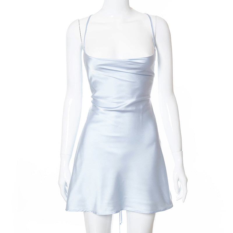 2021 High Quality Stain Dresses Women Fashion Sexy Sling Low-Cut Lace-Up High Waist Women's Dress