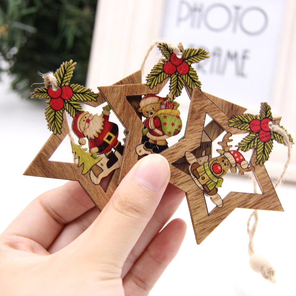 1SET Star Printed Wooden Pendant Ornaments Xmas Tree Ornament DIY Wood Crafts Kids Gift for Home Christmas Party Decoration