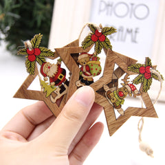 1SET Star Printed Wooden Pendant Ornaments Xmas Tree Ornament DIY Wood Crafts Kids Gift for Home Christmas Party Decoration