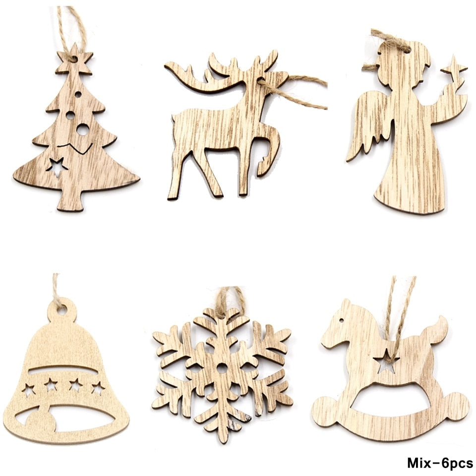 1SET Star Printed Wooden Pendant Ornaments Xmas Tree Ornament DIY Wood Crafts Kids Gift for Home Christmas Party Decoration