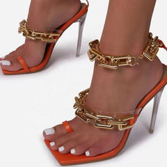 2021 Hot Sale Chic Design Metal Chain Sandals Women Fancy High Heel Shoes Fashionable Outdoor Causal Party Heels