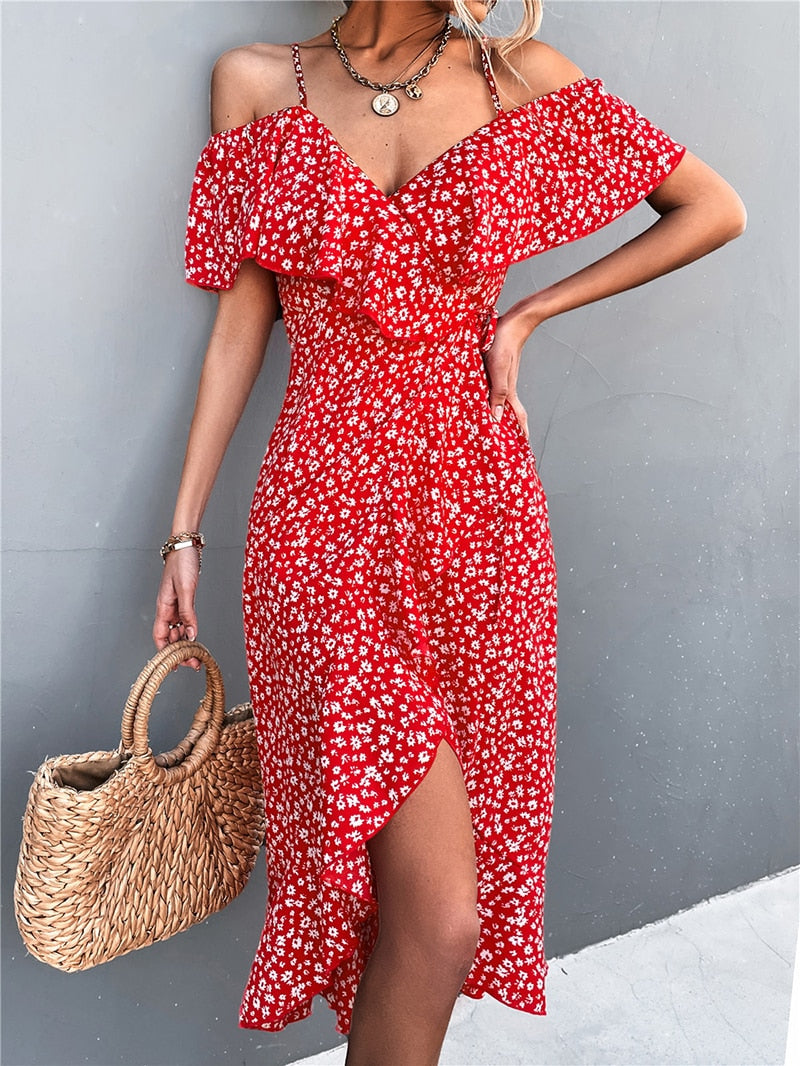 MOVOKAKA Ladies Spring Summer Sexy Straps Dress Women Ruffles Off Shoulder Casual Party Dresses Elegant Floral Print Beach Dress