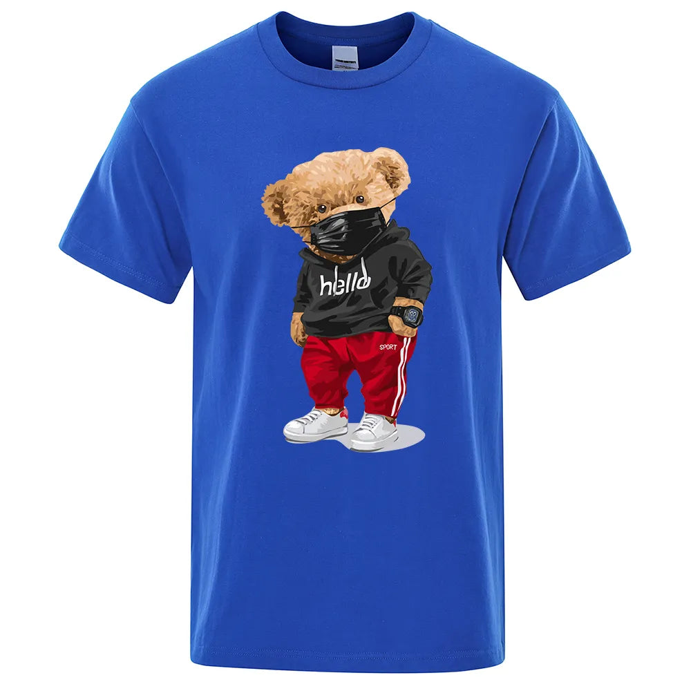 100% Cotton Sports Mask Bear Print Short-Sleeved T-Shirt Male Half-Sleeved Summer Casual Oversized T-Shirt Men Shirt S-Xxxl