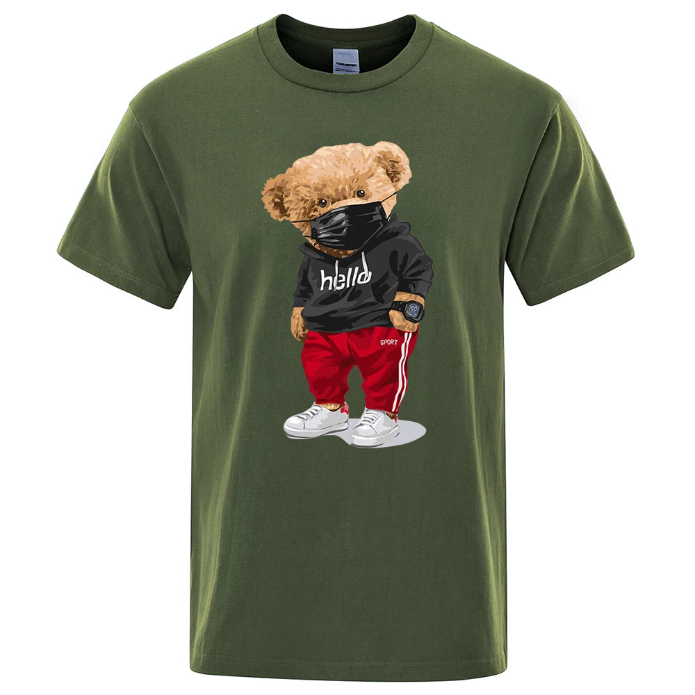 100% Cotton Sports Mask Bear Print Short-Sleeved T-Shirt Male Half-Sleeved Summer Casual Oversized T-Shirt Men Shirt S-Xxxl