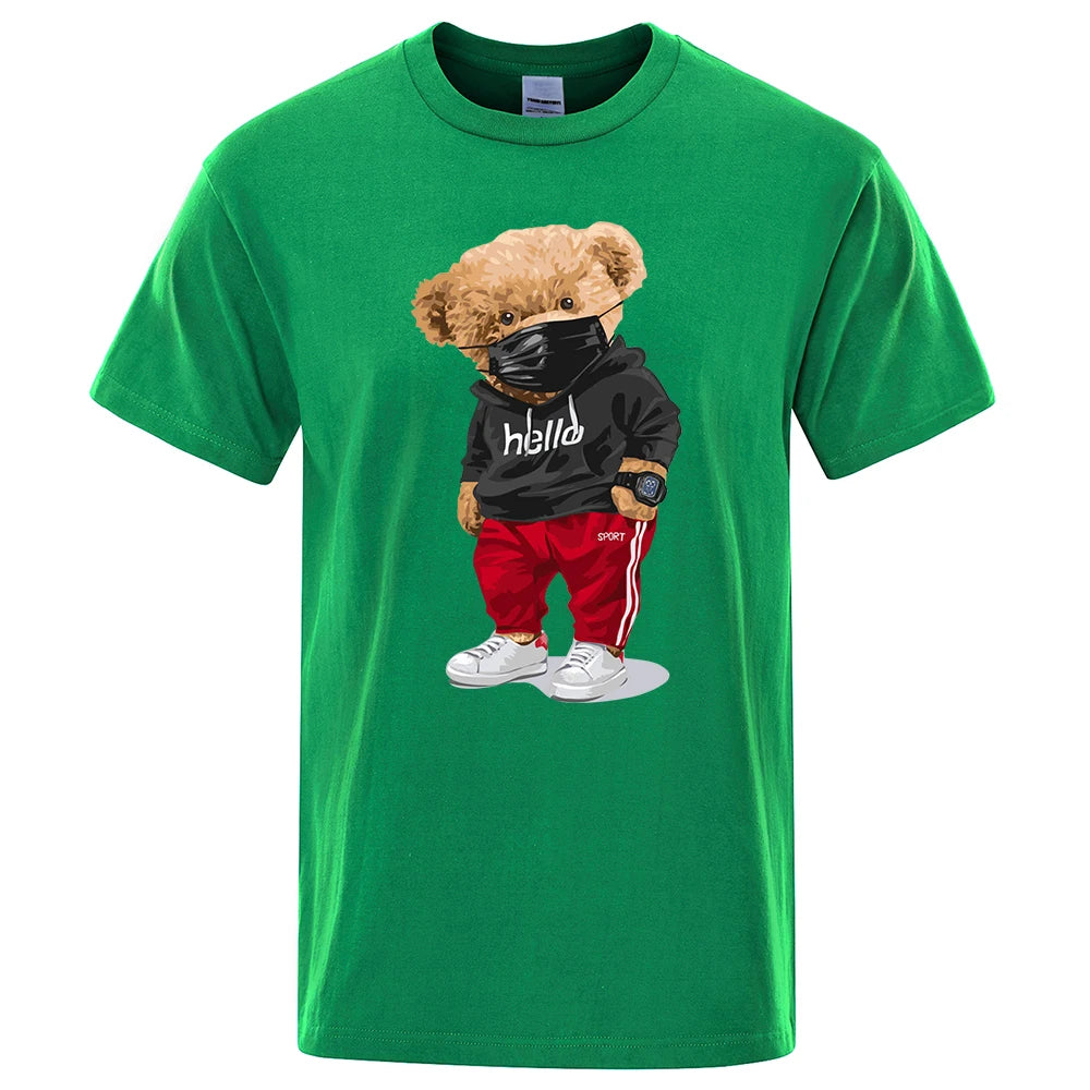 100% Cotton Sports Mask Bear Print Short-Sleeved T-Shirt Male Half-Sleeved Summer Casual Oversized T-Shirt Men Shirt S-Xxxl