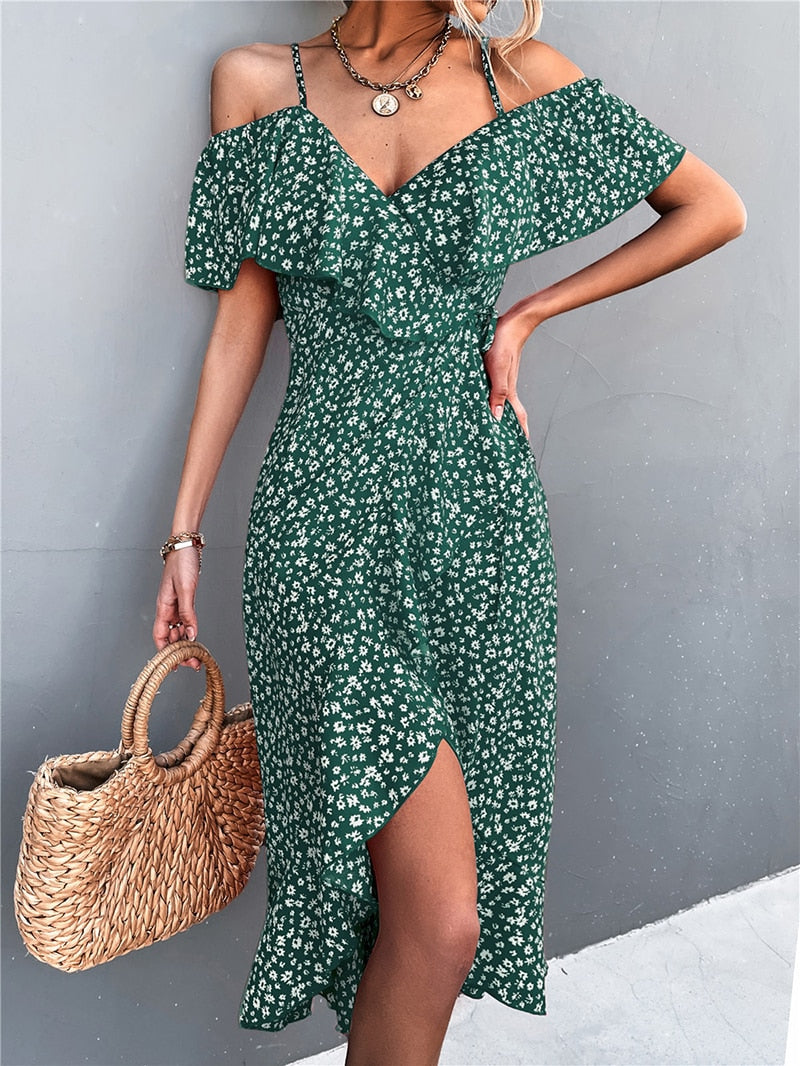 MOVOKAKA Ladies Spring Summer Sexy Straps Dress Women Ruffles Off Shoulder Casual Party Dresses Elegant Floral Print Beach Dress