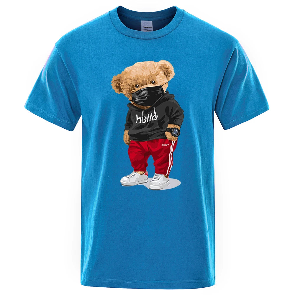 100% Cotton Sports Mask Bear Print Short-Sleeved T-Shirt Male Half-Sleeved Summer Casual Oversized T-Shirt Men Shirt S-Xxxl