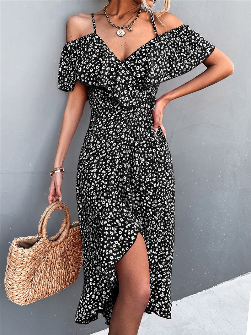 MOVOKAKA Ladies Spring Summer Sexy Straps Dress Women Ruffles Off Shoulder Casual Party Dresses Elegant Floral Print Beach Dress