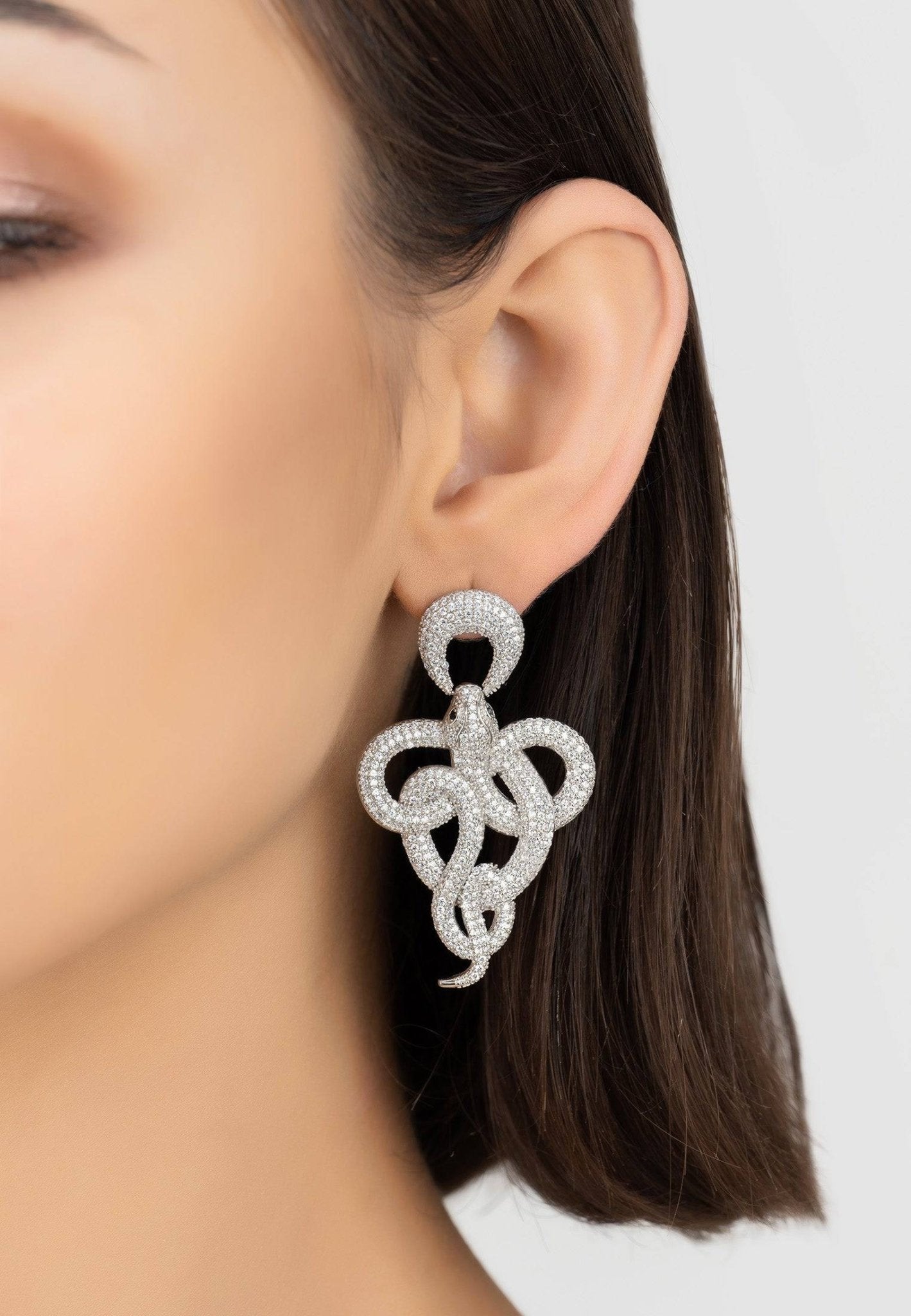 Viper Snake Drop Earrings - Silver White