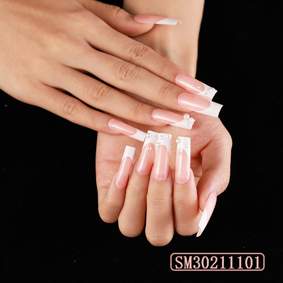 Nail Beauty Products Nude Long French Crystal Design Press on Nails With Pearl